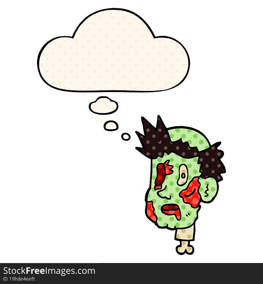 cartoon zombie head and thought bubble in comic book style