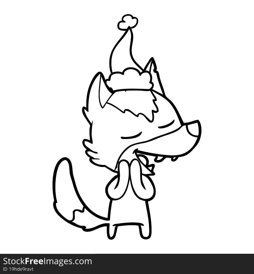 hand drawn line drawing of a wolf laughing wearing santa hat