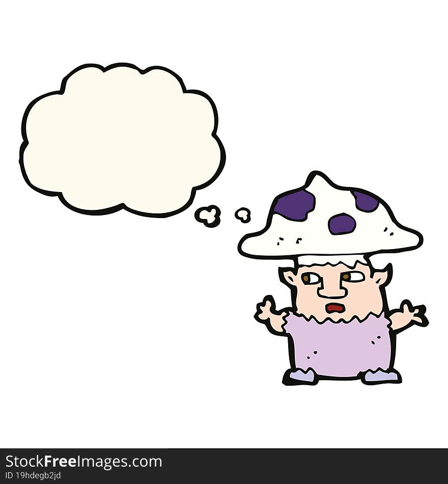 cartoon little mushroom man with thought bubble