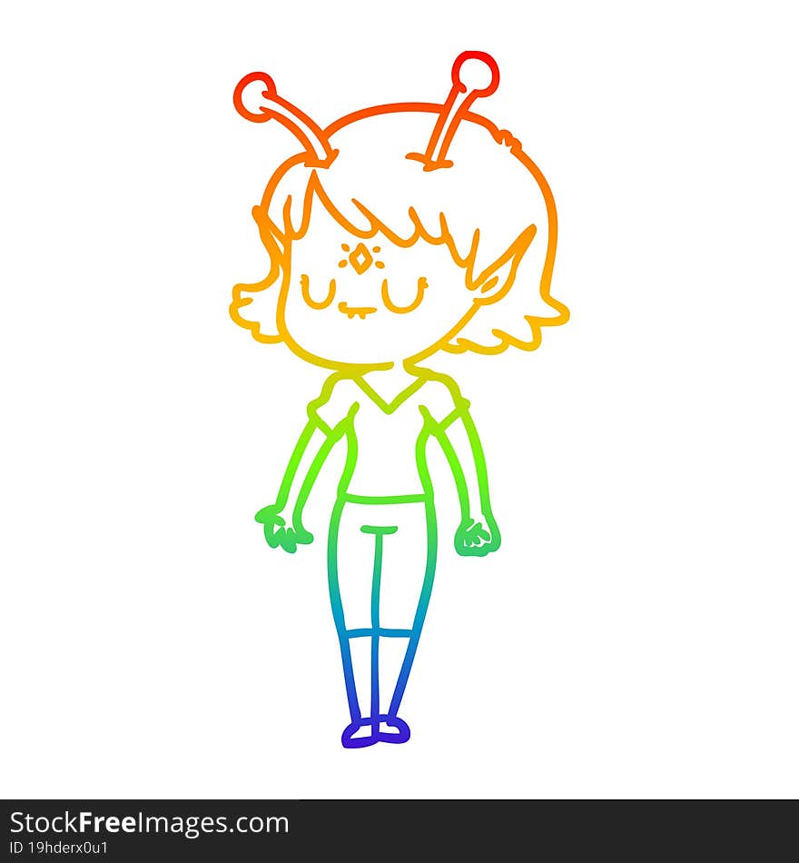 rainbow gradient line drawing of a cartoon alien girl