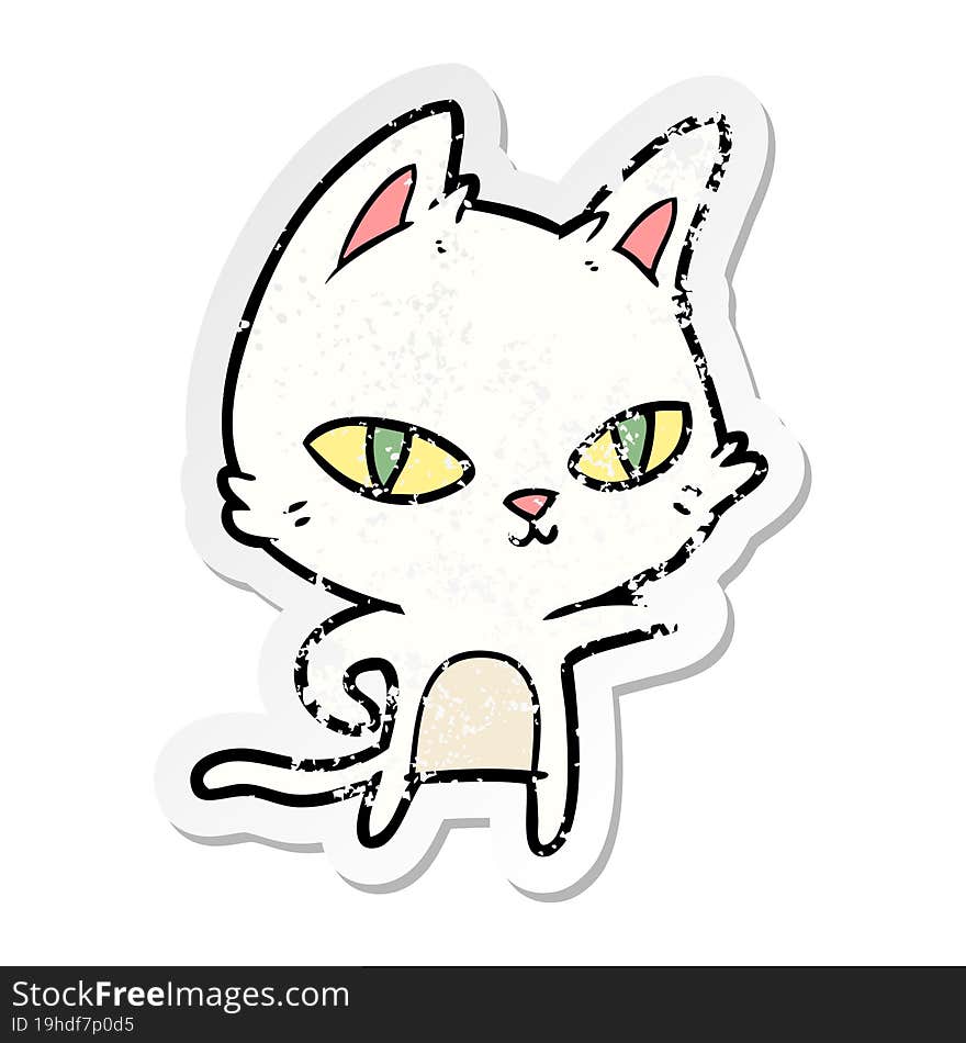 distressed sticker of a cartoon cat staring