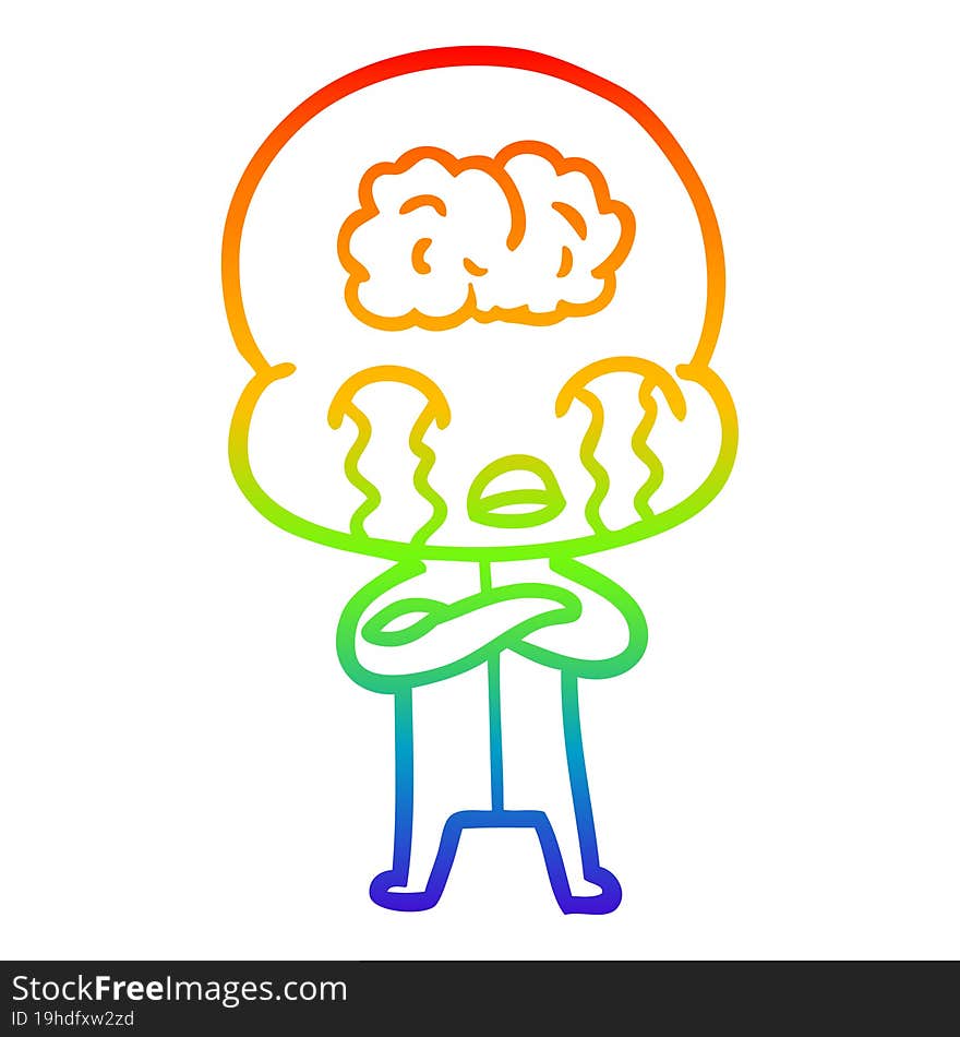 rainbow gradient line drawing of a cartoon big brain alien crying