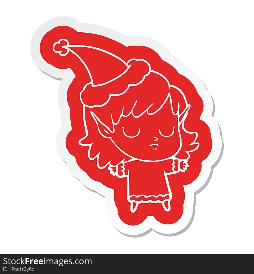 Cartoon  Sticker Of A Elf Girl Wearing Santa Hat