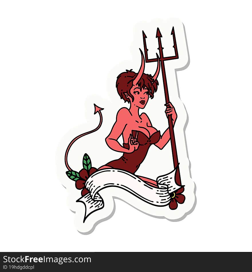 sticker of tattoo in traditional style of a pinup devil girl with banner. sticker of tattoo in traditional style of a pinup devil girl with banner