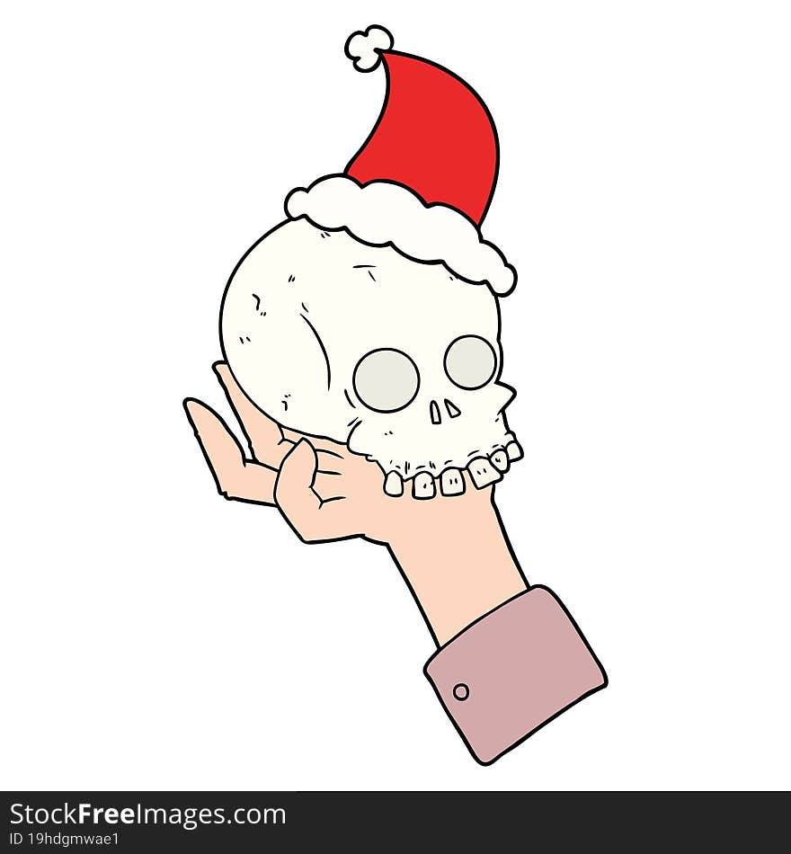 line drawing of a hand holding skull wearing santa hat