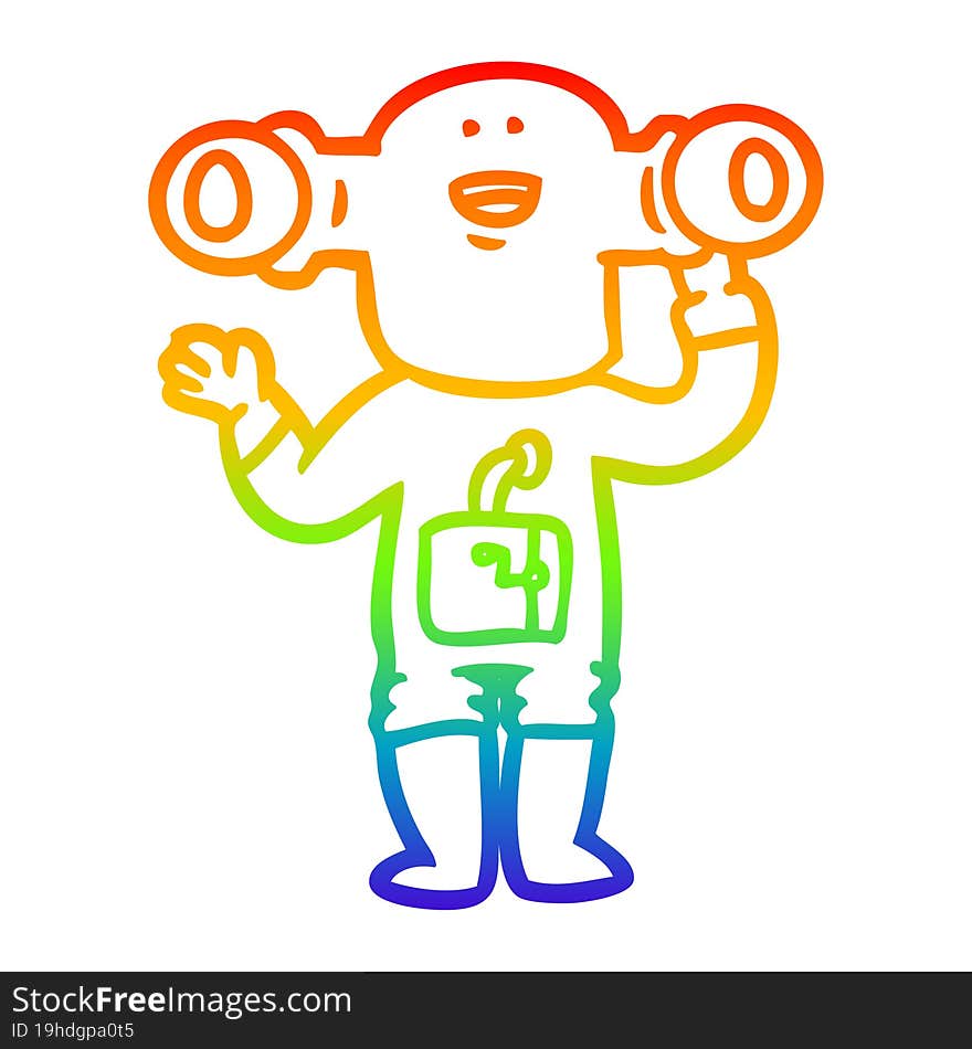 rainbow gradient line drawing of a friendly cartoon alien waving