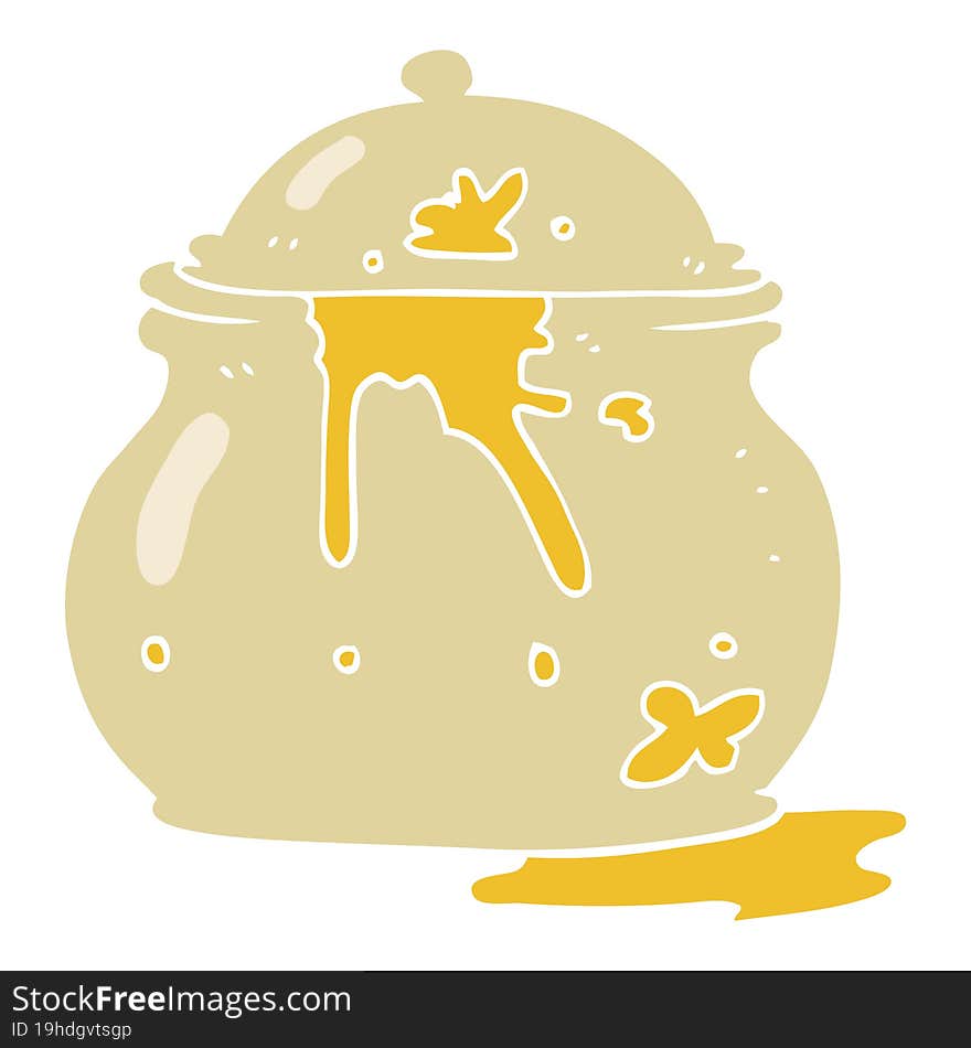 flat color illustration of a cartoon messy mustard pot