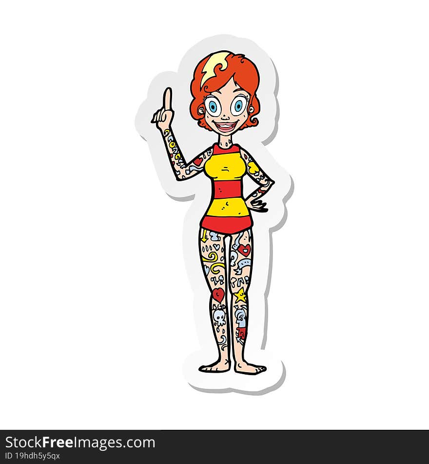 sticker of a cartoon woman covered in tattoos