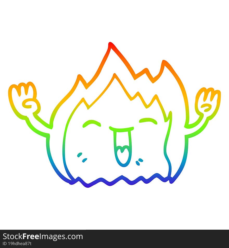 rainbow gradient line drawing of a cartoon happy red flame