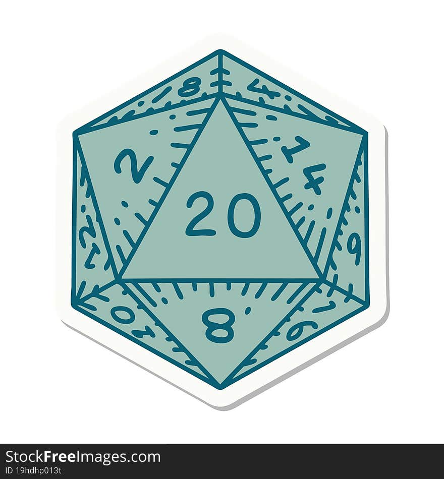 sticker of a natural 20 D20 dice roll. sticker of a natural 20 D20 dice roll