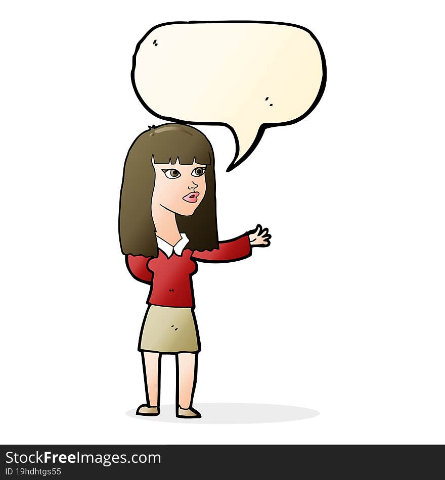 cartoon woman gesturing to show something with speech bubble