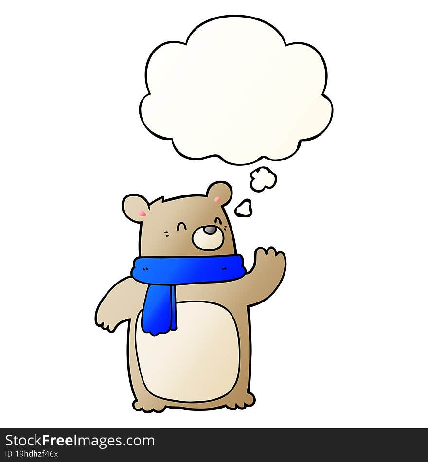 cartoon bear wearing scarf and thought bubble in smooth gradient style