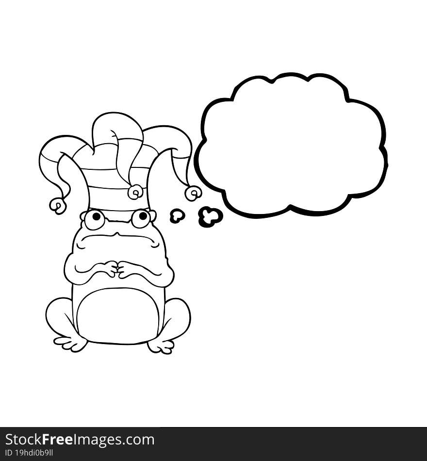 thought bubble cartoon nervous frog wearing jester hat