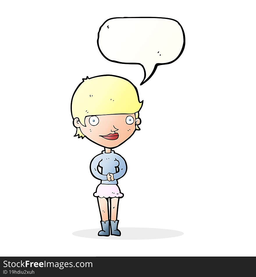 cartoon friendly woman with speech bubble