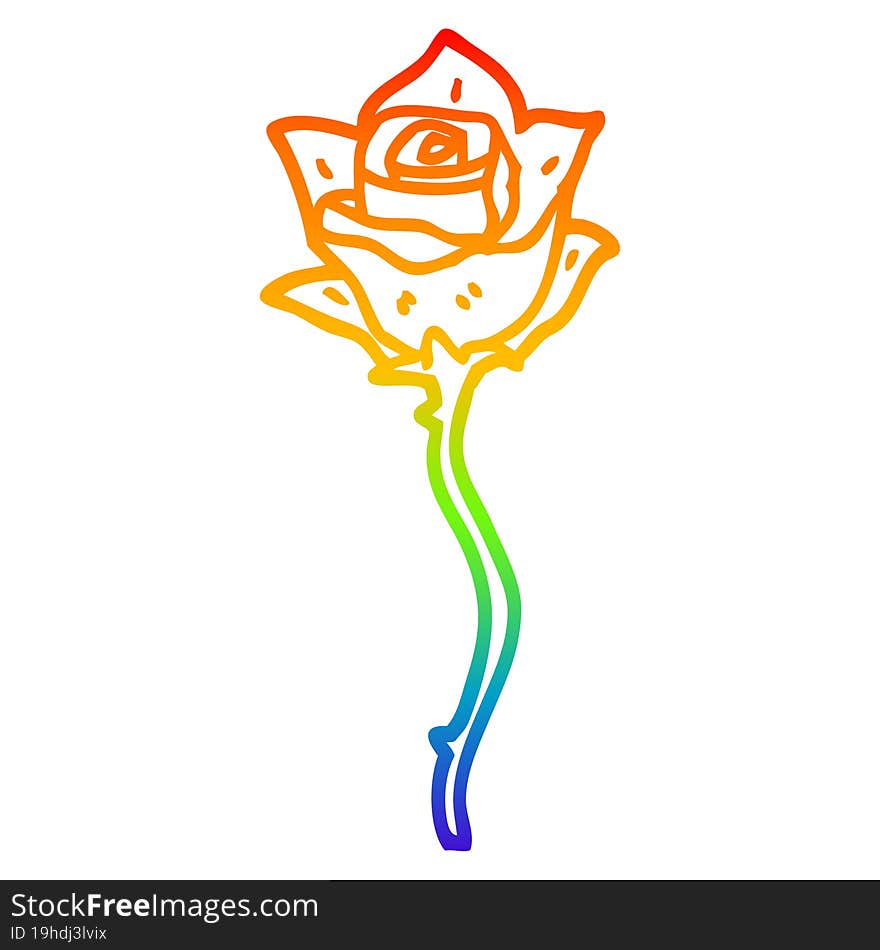 rainbow gradient line drawing of a cartoon red rose