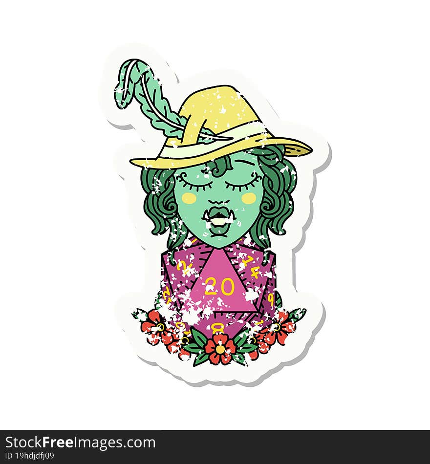 half orc bard with natural twenty dice roll  grunge sticker