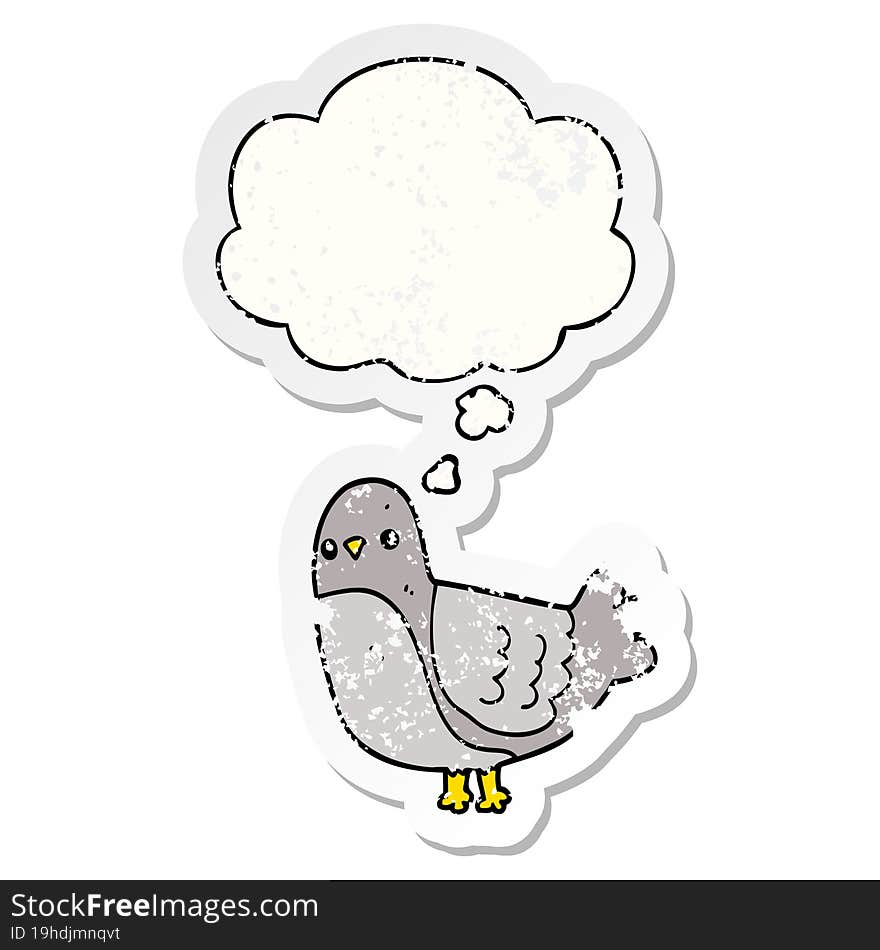 cartoon bird with thought bubble as a distressed worn sticker