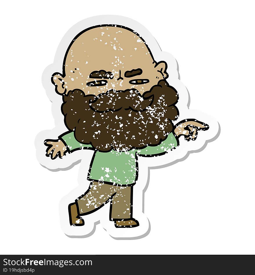 distressed sticker of a cartoon man with beard frowning and pointing