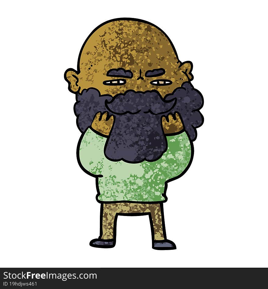 cartoon man with beard frowning checking his beard. cartoon man with beard frowning checking his beard