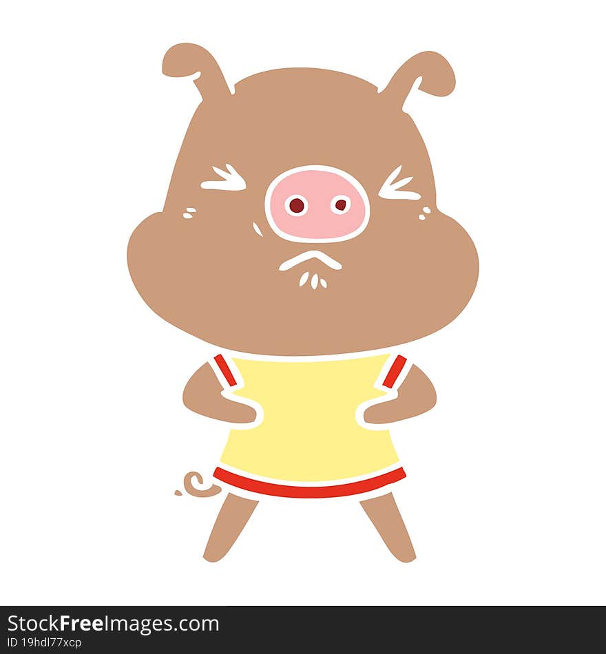 flat color style cartoon angry pig wearing tee shirt