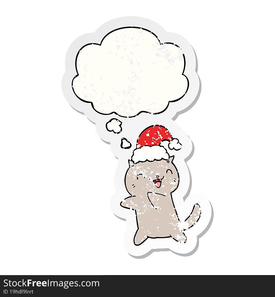 cute cartoon christmas cat with thought bubble as a distressed worn sticker