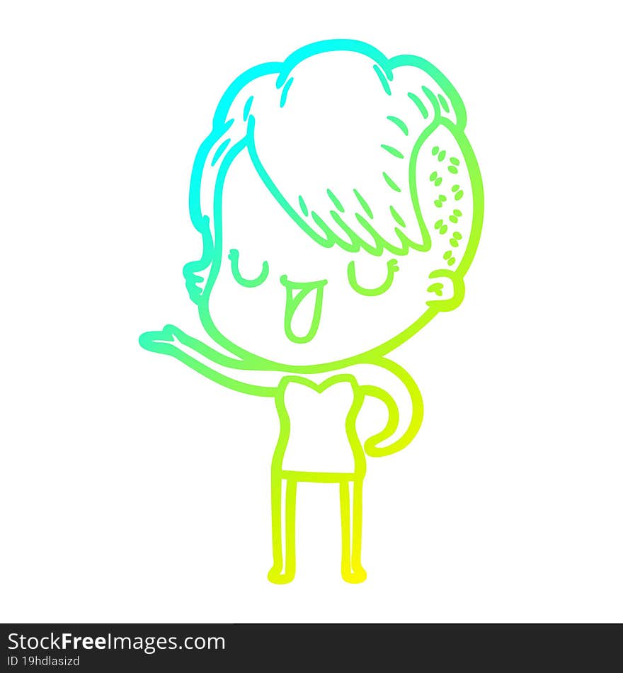 cold gradient line drawing of a cute cartoon girl with hipster haircut