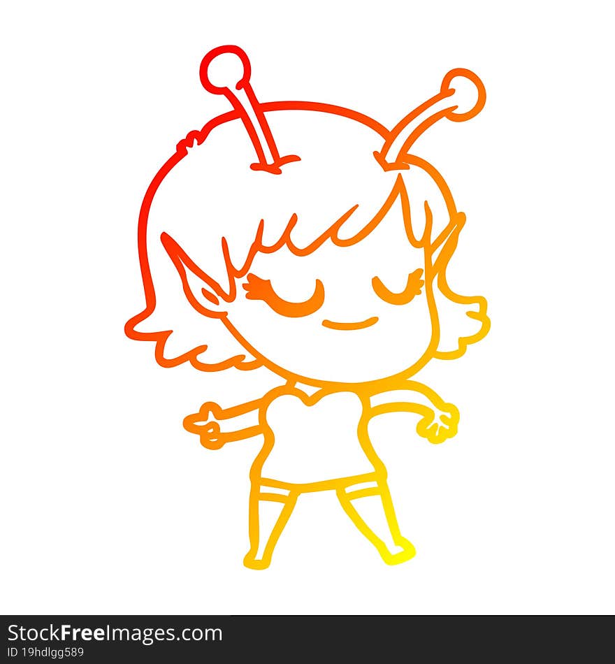 warm gradient line drawing smiling alien girl cartoon