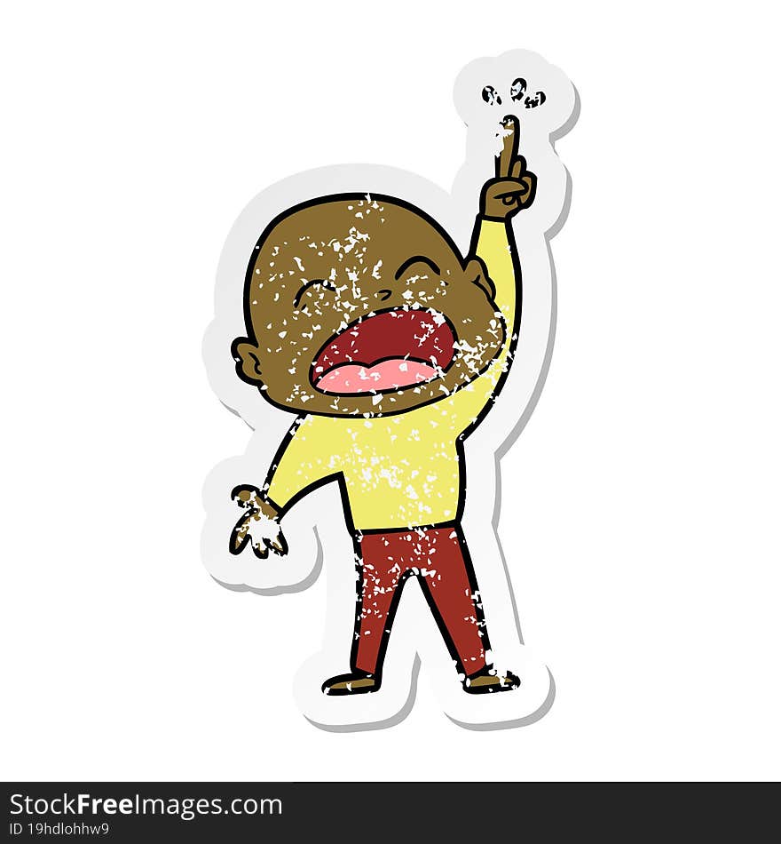 distressed sticker of a cartoon shouting bald man