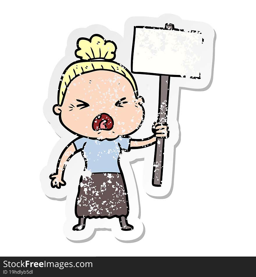 distressed sticker of a cartoon angry old woman