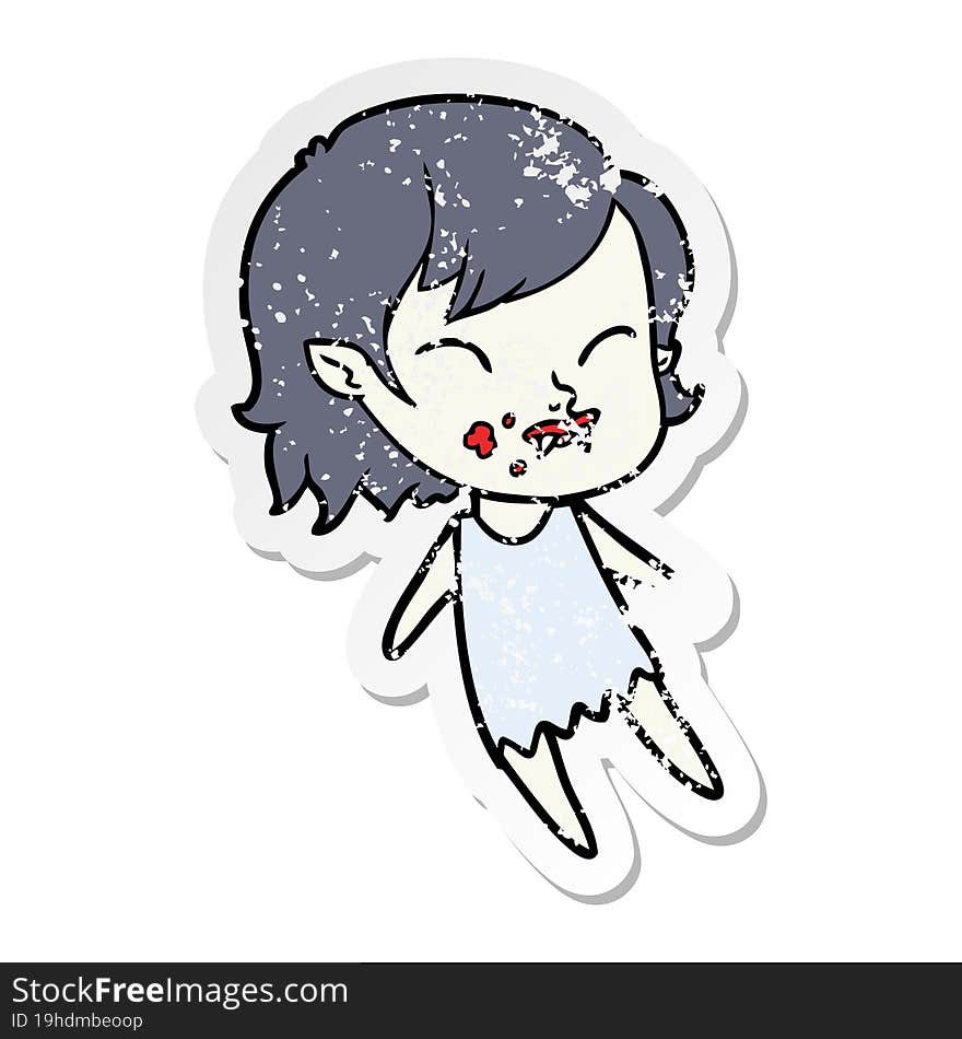 distressed sticker of a cartoon vampire girl with blood on cheek