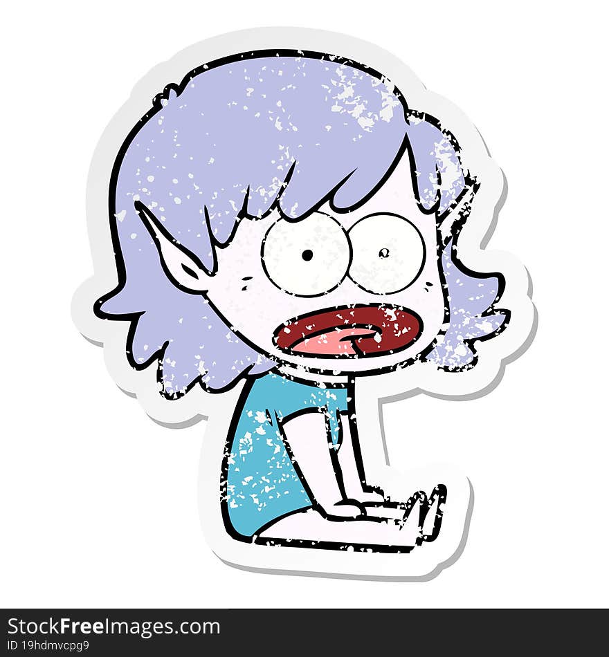 distressed sticker of a cartoon shocked elf girl