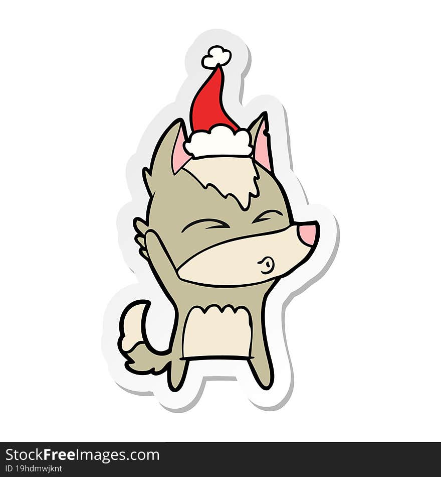 sticker cartoon of a wolf whistling wearing santa hat