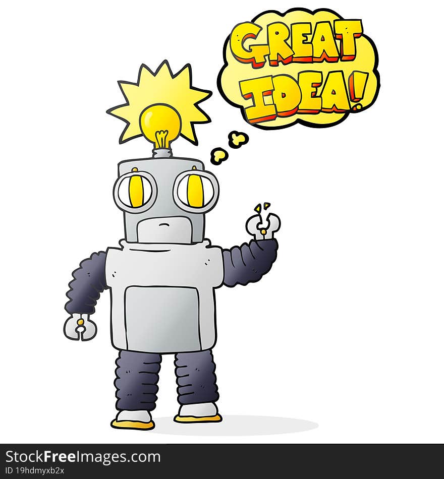 thought bubble cartoon robot with great idea