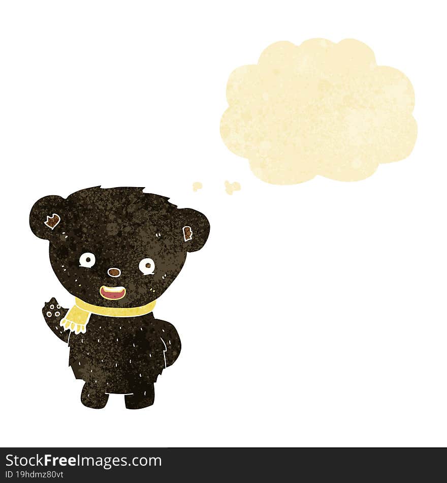 cartoon black bear waving with thought bubble