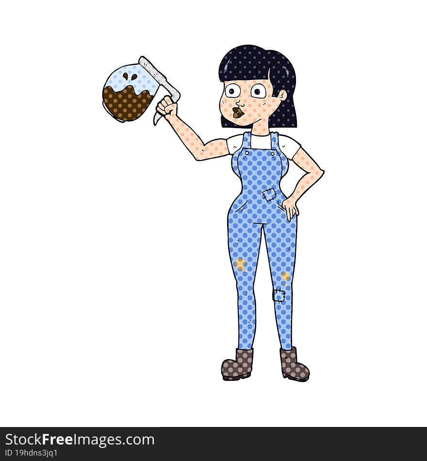 freehand drawn cartoon woman in dungarees with coffee