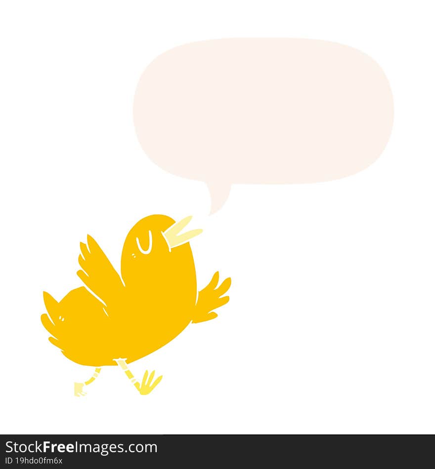 cartoon happy bird with speech bubble in retro style