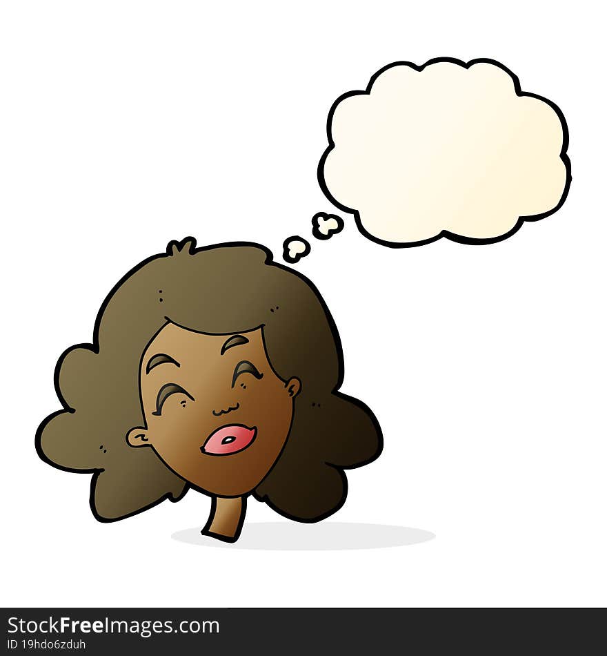 cartoon happy female face with thought bubble