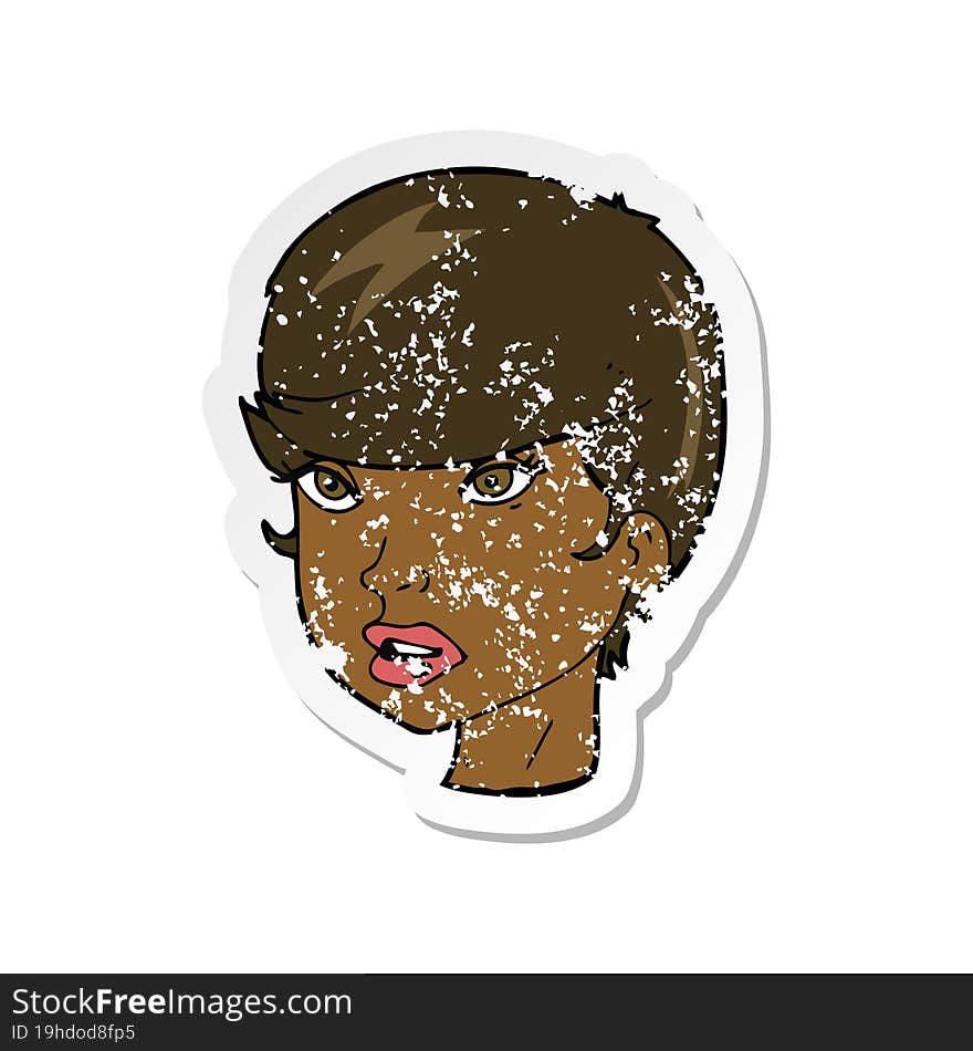 retro distressed sticker of a cartoon pretty female face