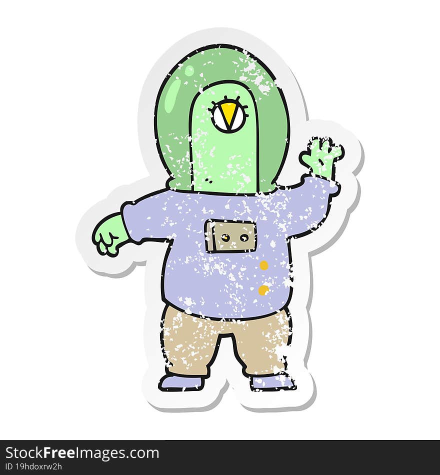 distressed sticker of a cartoon space alien