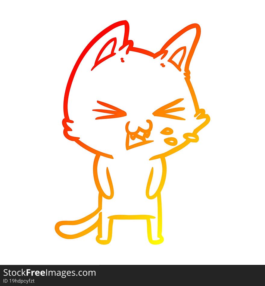 warm gradient line drawing of a cartoon cat hissing