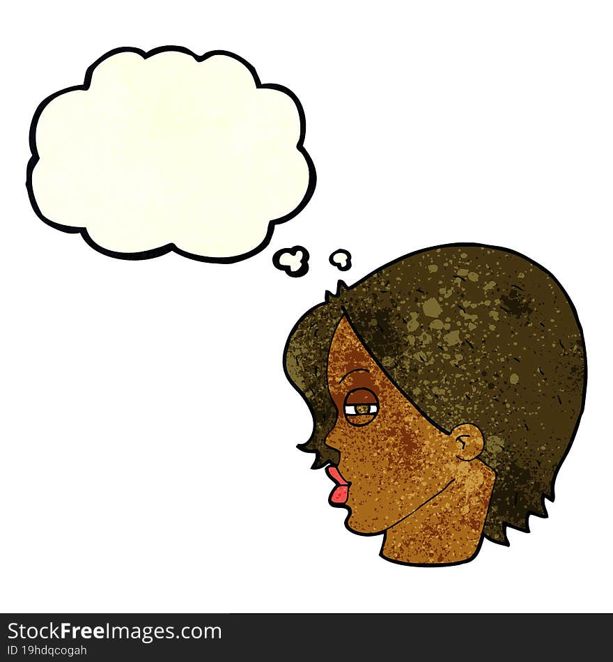 cartoon female face with narrowed eyes with thought bubble