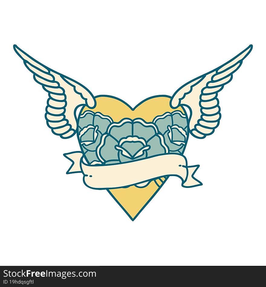 tattoo style icon of a heart with wings flowers and banner