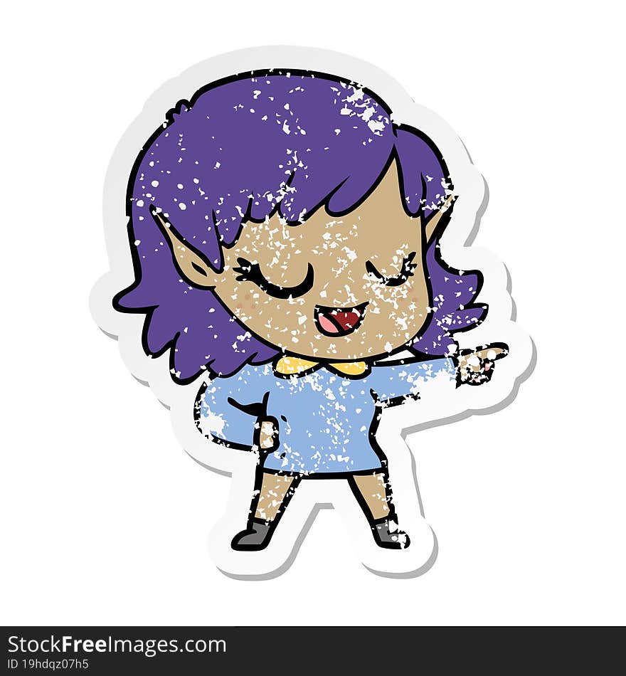 distressed sticker of a happy cartoon elf girl pointing