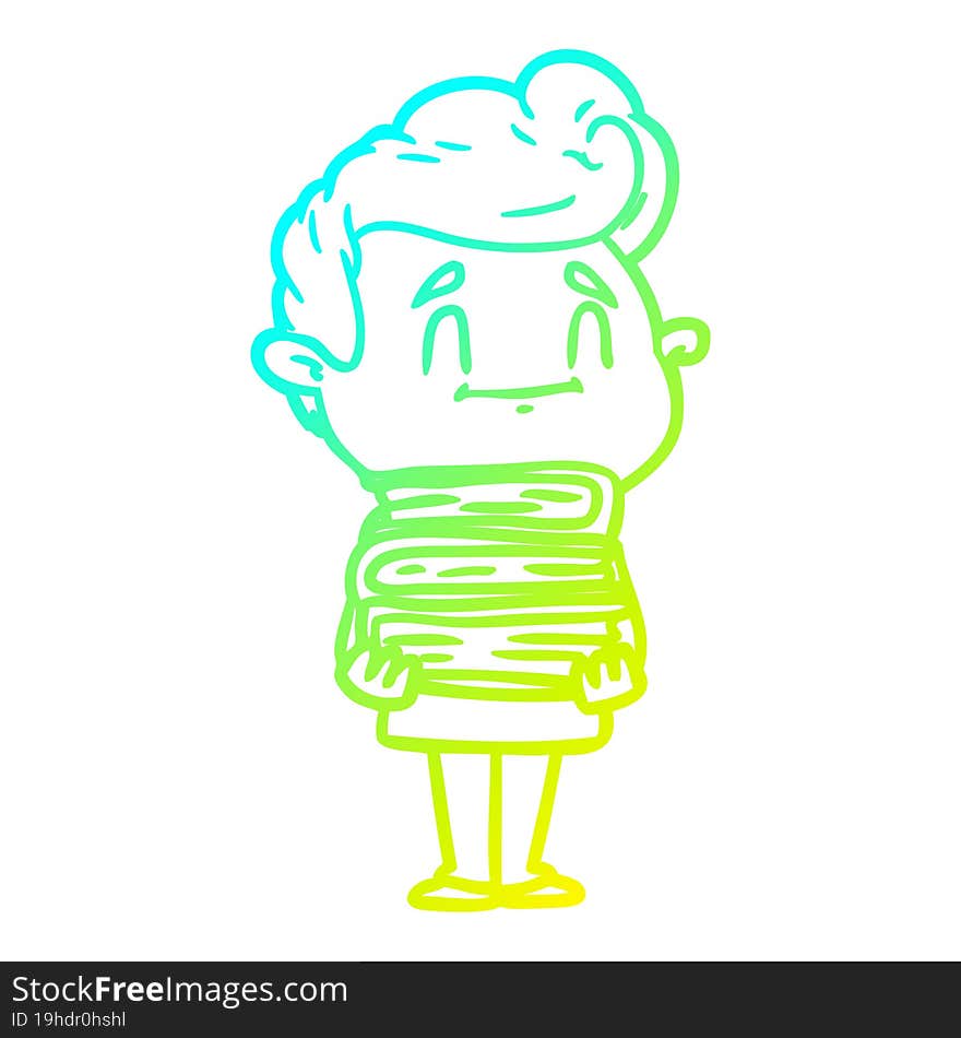 Cold Gradient Line Drawing Happy Cartoon Man With Stack Of New Books