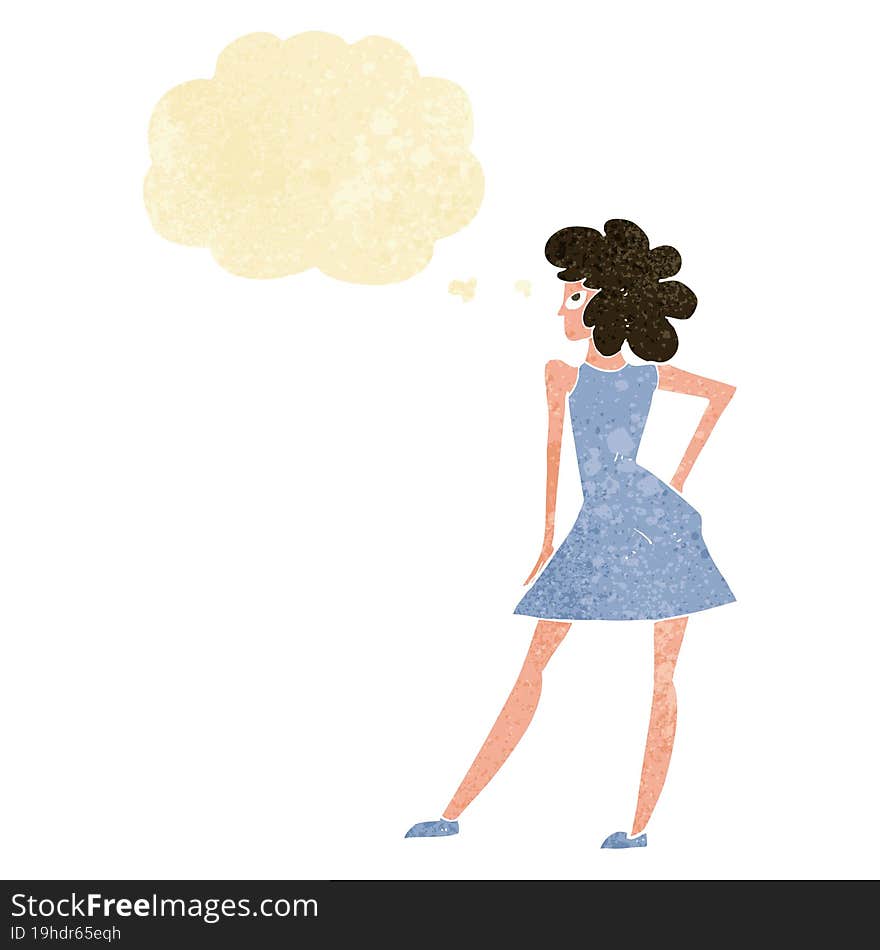 Cartoon Woman Posing In Dress With Thought Bubble