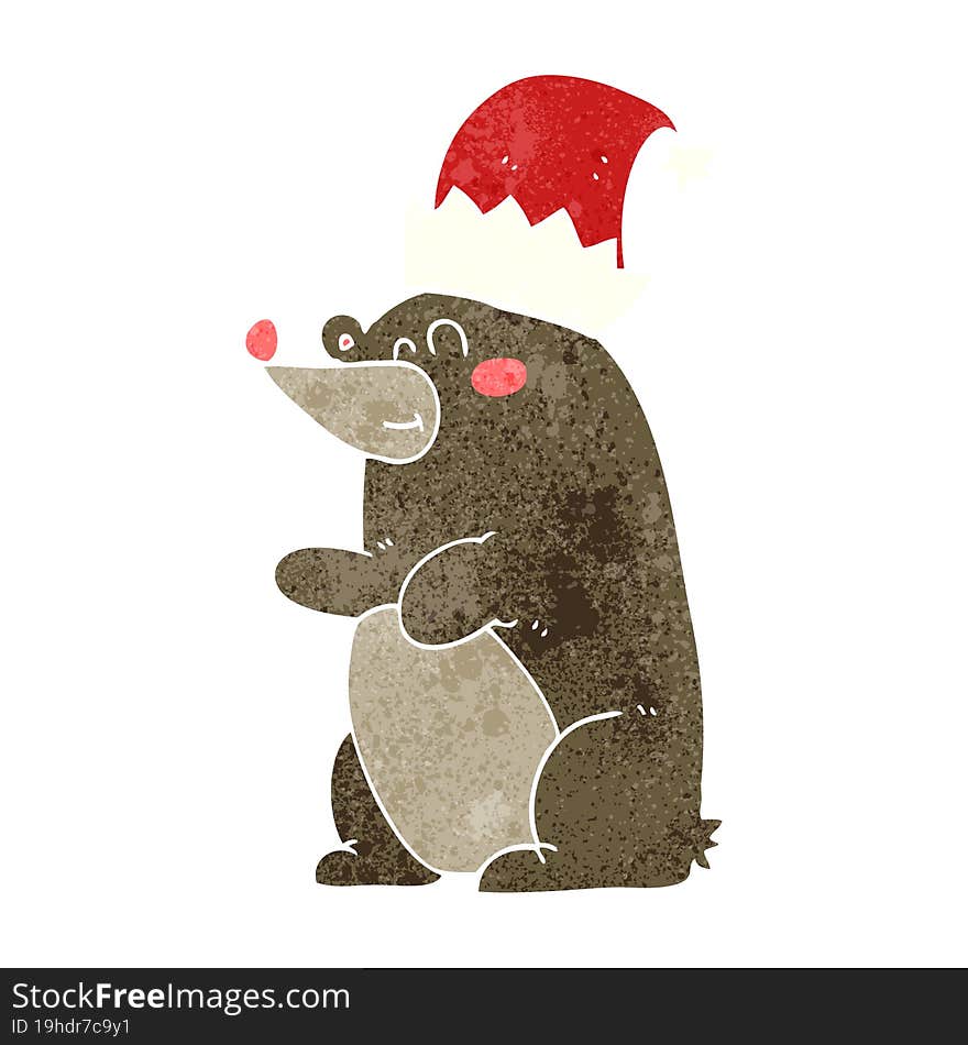 retro cartoon bear wearing christmas hat