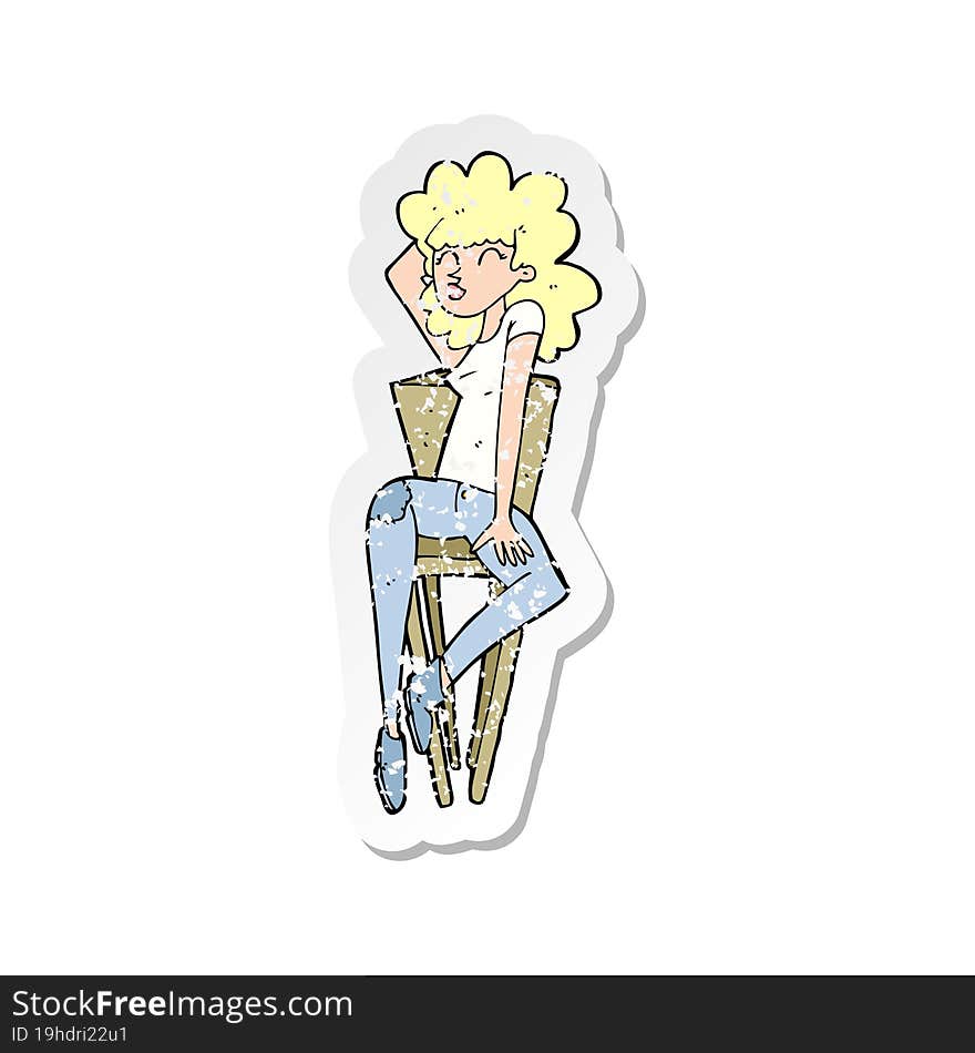 retro distressed sticker of a cartoon woman posing on chair