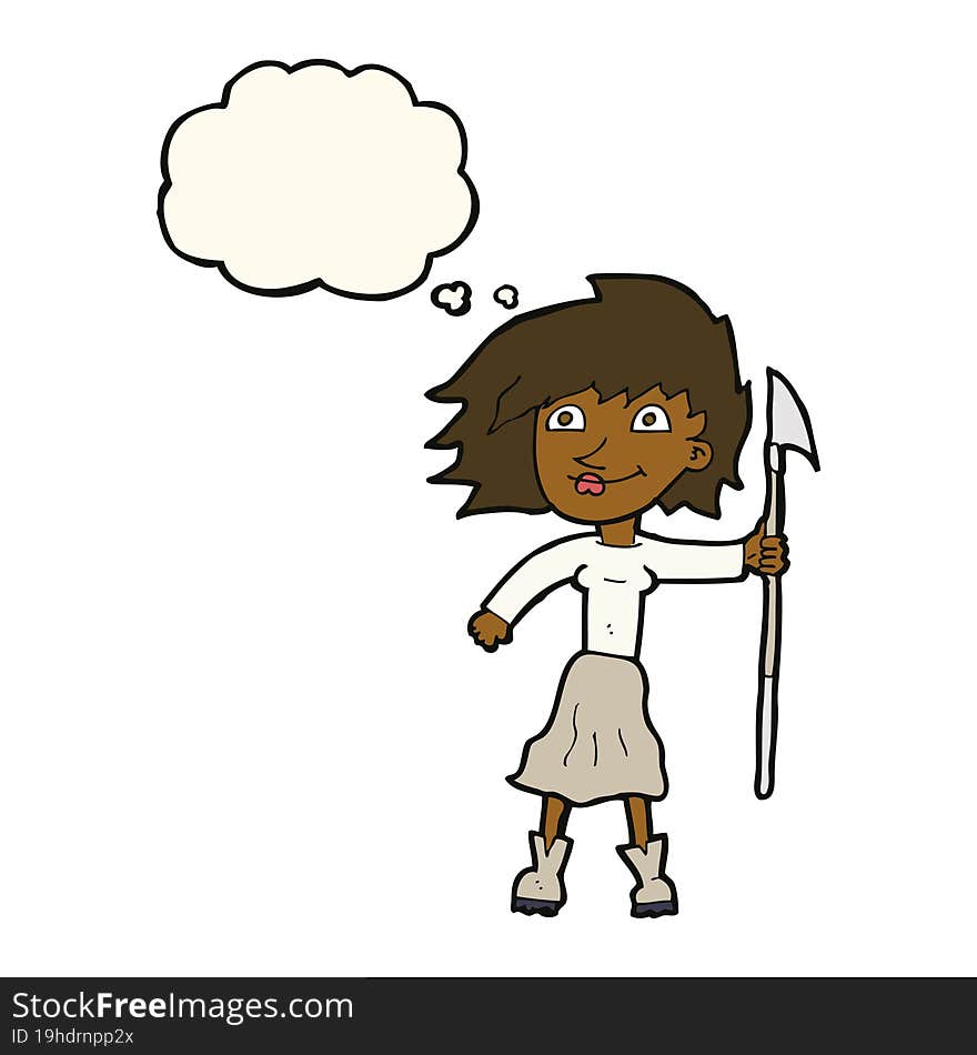 cartoon woman with spear with thought bubble