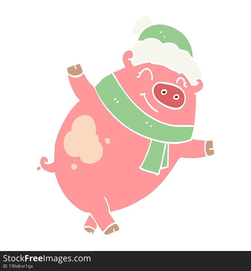 flat color style cartoon pig wearing christmas hat