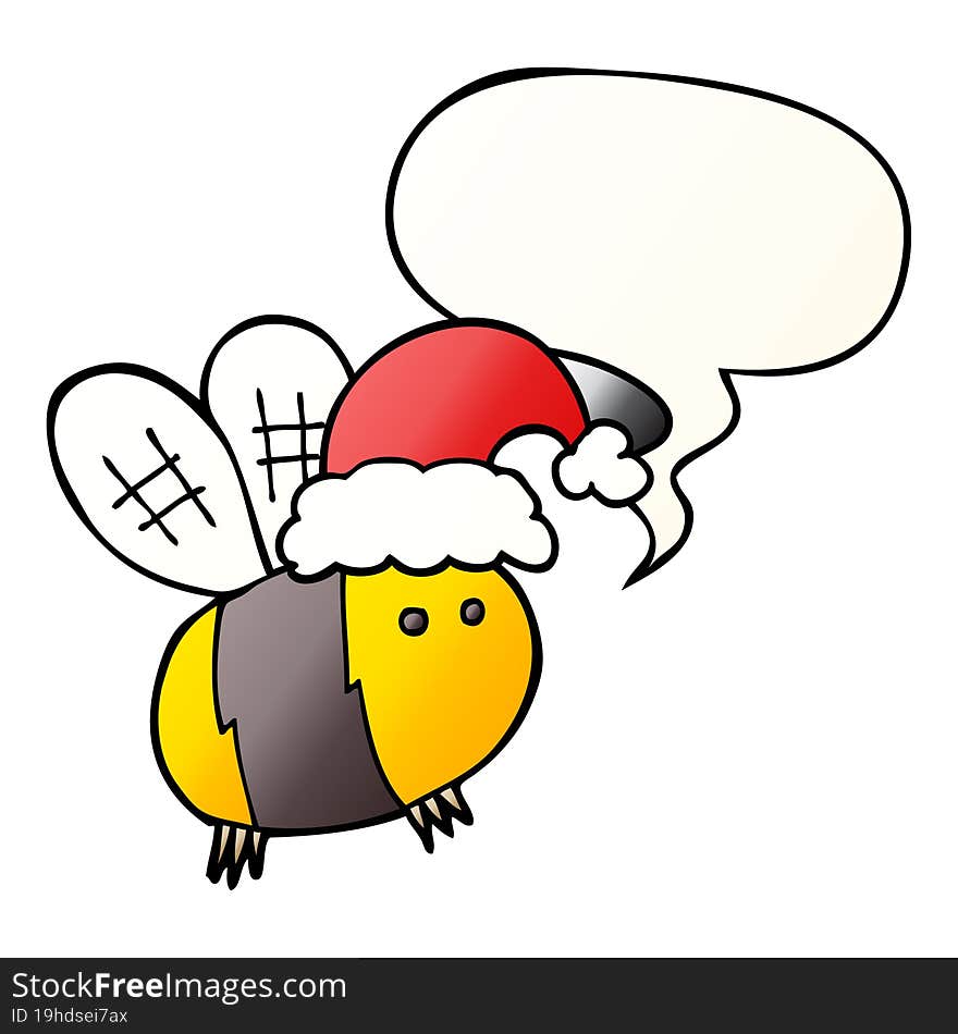 cute cartoon bee wearing christmas hat and speech bubble in smooth gradient style